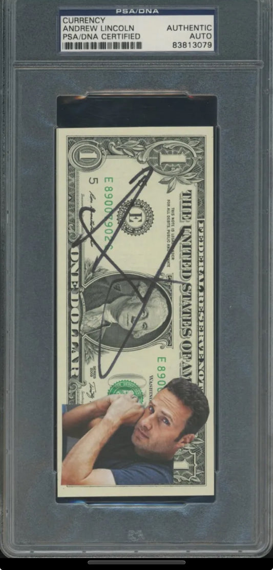 Andrew Lincoln / Rick the walking death SIGNATURE DOLLAR BILL PSA/DNA