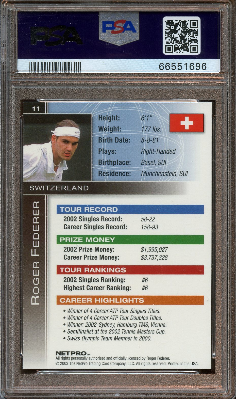 2003 Netpro Roger Federer International series PSA 9 ROOKIE!