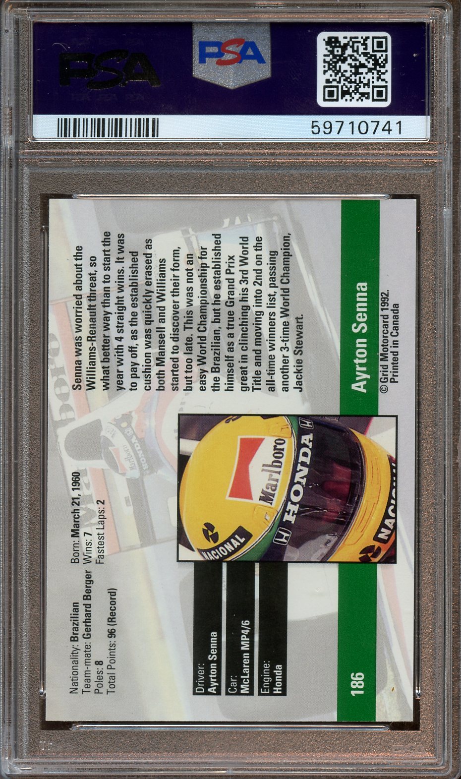 1992 Grid Formula One Ayrton Senna PSA 9