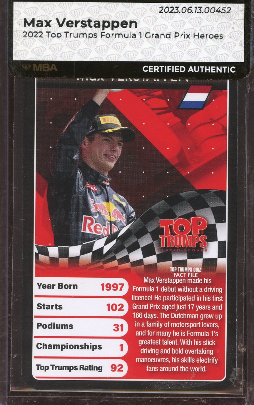 2022 Top Trumps Formula 1 Grand Prix Heroes Max Verstappen MBA Certified Authentic